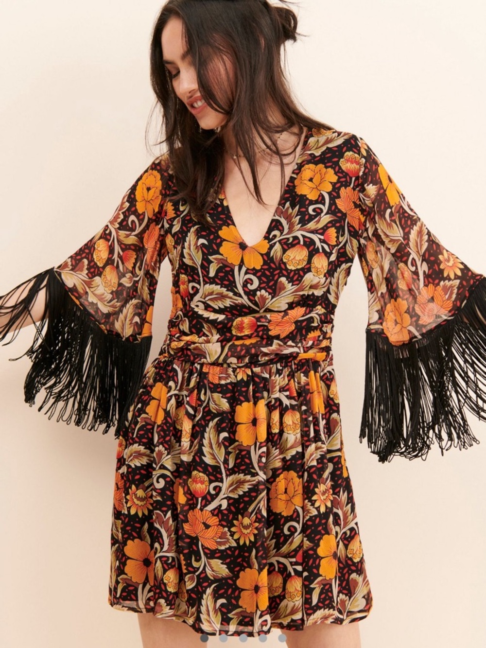 Floral V-Neck Fringe Sleeve Dress Anthropologie sz XS NWT